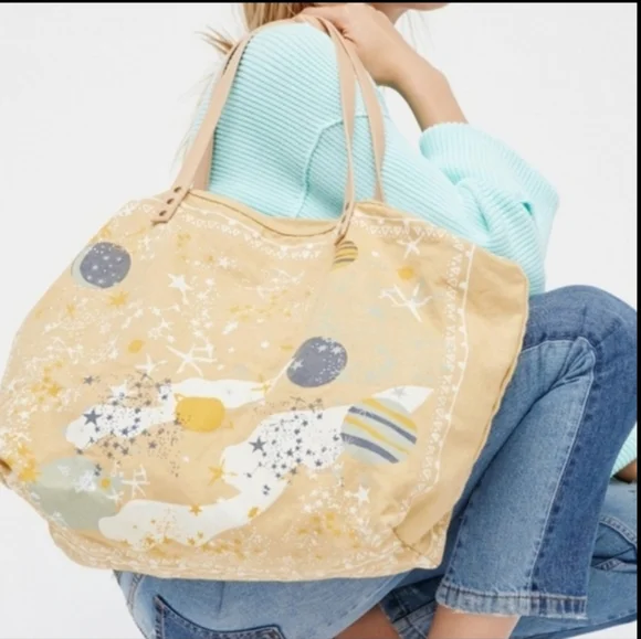 Free People Rosewood Tote Canvas Large Celestial Galaxy Print NWT - Picture 12 of 12